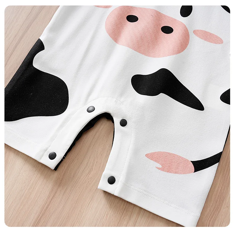 Newborn Baby Unisex Summer Cow Horn Fake Suspender Short Sleeve Spandex Stretch Wrinkle‑Resistant Daily Photo Jumpsuit 0‑18M