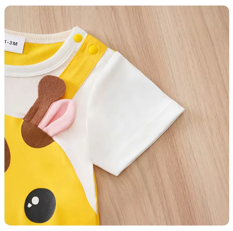 Newborn Baby Unisex Summer Cow Horn Fake Suspender Short Sleeve Spandex Stretch Wrinkle‑Resistant Daily Photo Jumpsuit 0‑18M