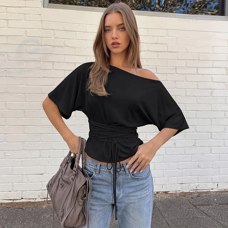 Hugcitar Women Fashion Solid Skew Collar Short Sleeve Sexy Lace Up Oversize Crop T-Shirt Top Summer Female Clothes Party Holiday