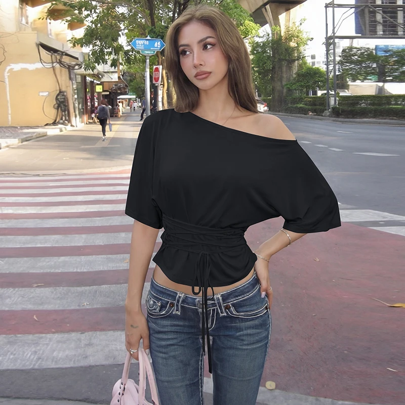 Hugcitar Women Fashion Solid Skew Collar Short Sleeve Sexy Lace Up Oversize Crop T-Shirt Top Summer Female Clothes Party Holiday