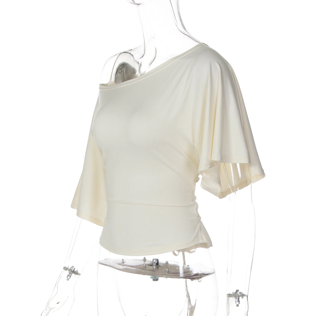 Hugcitar Women Fashion Solid Skew Collar Short Sleeve Sexy Lace Up Oversize Crop T-Shirt Top Summer Female Clothes Party Holiday