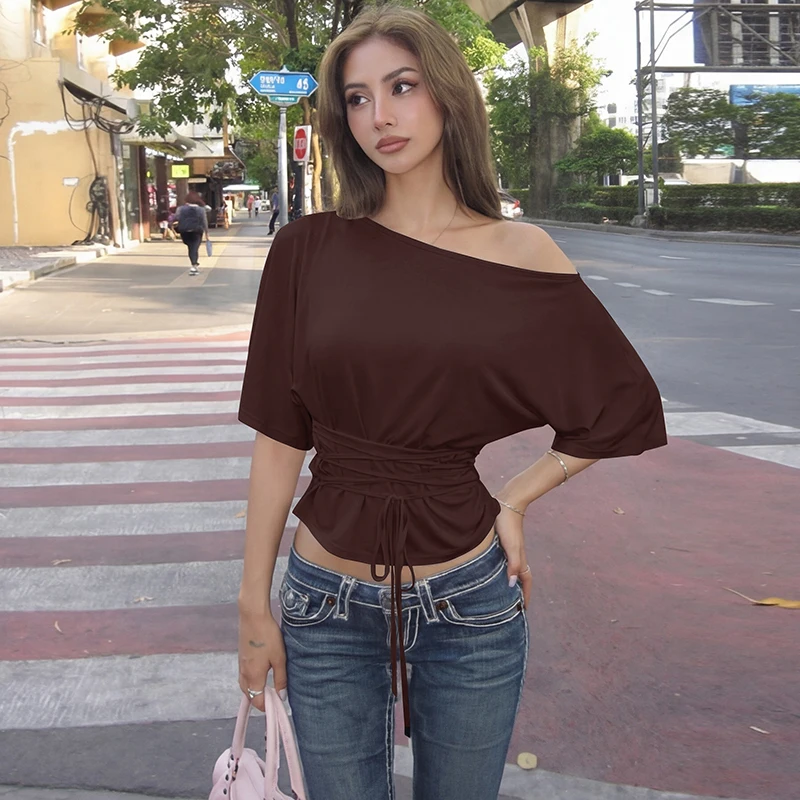 Hugcitar Women Fashion Solid Skew Collar Short Sleeve Sexy Lace Up Oversize Crop T-Shirt Top Summer Female Clothes Party Holiday