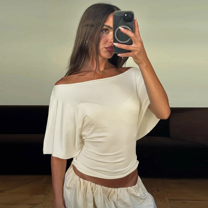 Hugcitar Women Fashion Solid Skew Collar Short Sleeve Sexy Lace Up Oversize Crop T-Shirt Top Summer Female Clothes Party Holiday