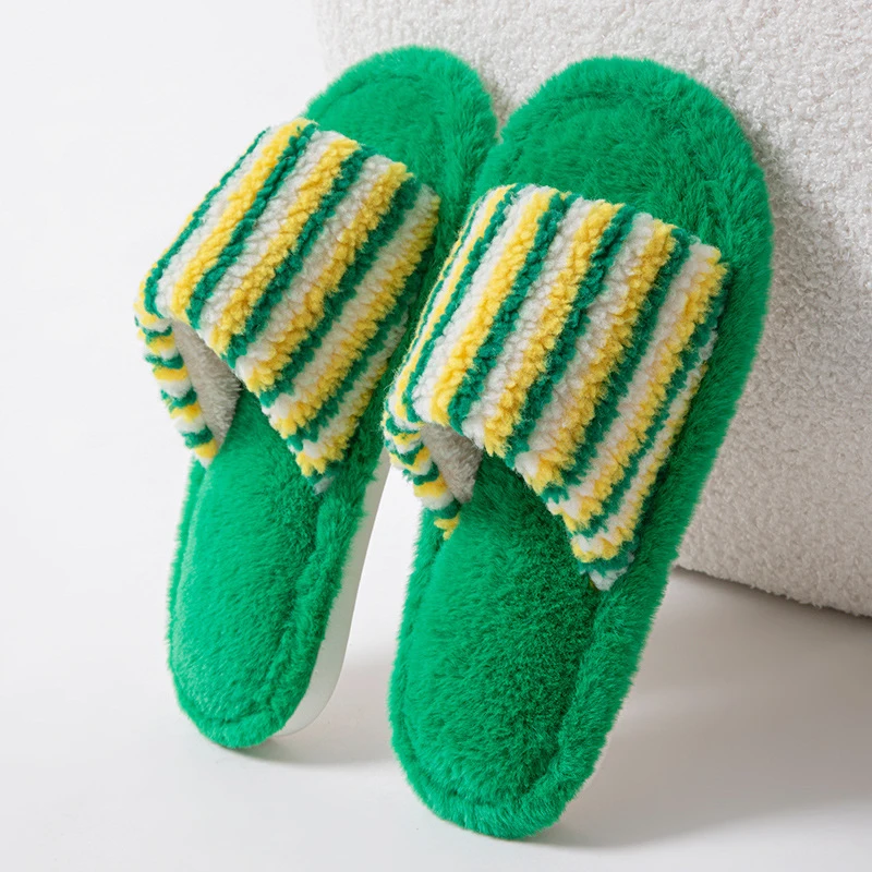 Fluffy Women's Slippers Home Striped Colourful Designer Woman Shoes Flats Autumn Winter Indoor Fuzzy Fur Slides Non-Slip Unisex