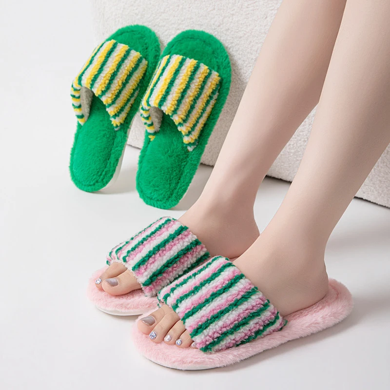 Fluffy Women's Slippers Home Striped Colourful Designer Woman Shoes Flats Autumn Winter Indoor Fuzzy Fur Slides Non-Slip Unisex