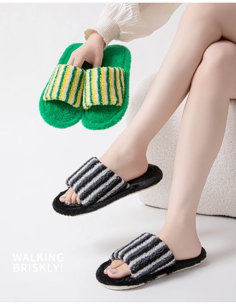 Fluffy Women's Slippers Home Striped Colourful Designer Woman Shoes Flats Autumn Winter Indoor Fuzzy Fur Slides Non-Slip Unisex