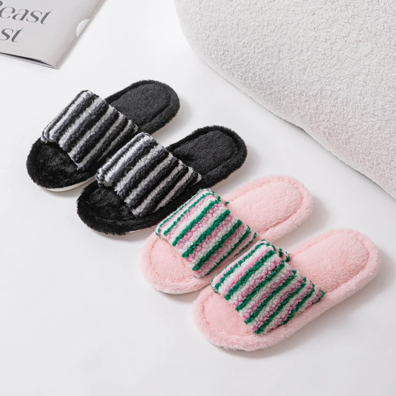 Fluffy Women's Slippers Home Striped Colourful Designer Woman Shoes Flats Autumn Winter Indoor Fuzzy Fur Slides Non-Slip Unisex