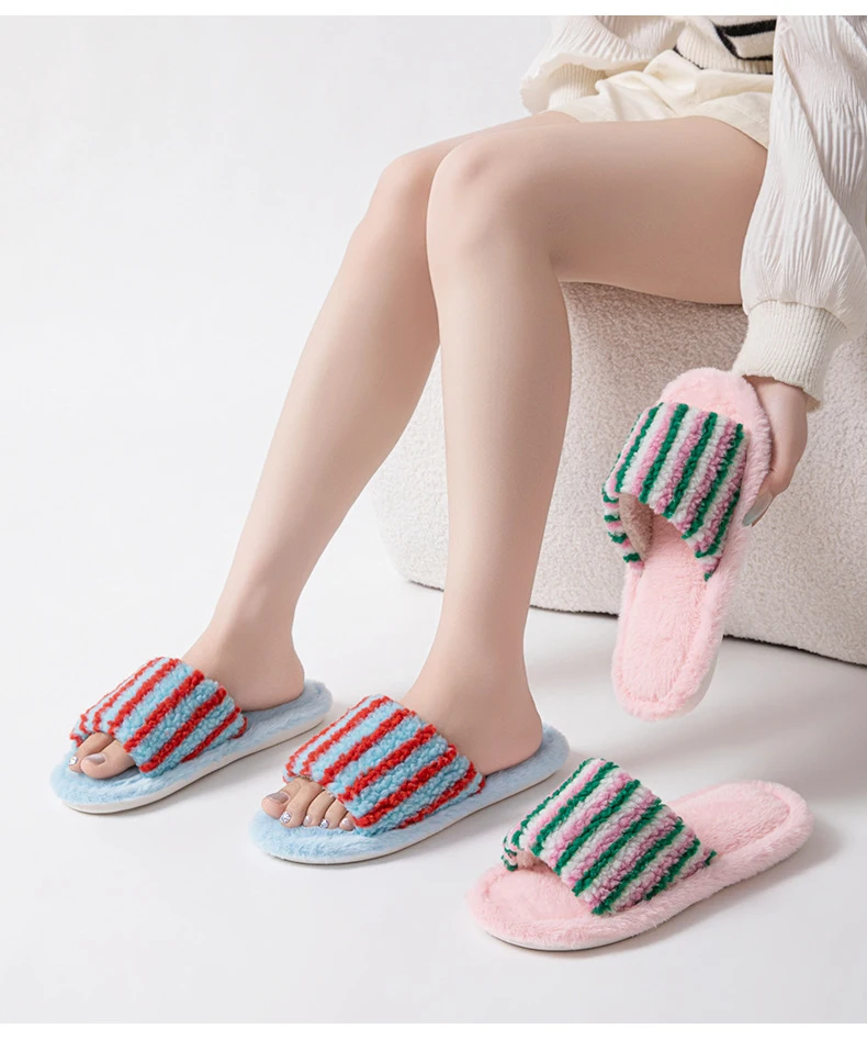 Fluffy Women's Slippers Home Striped Colourful Designer Woman Shoes Flats Autumn Winter Indoor Fuzzy Fur Slides Non-Slip Unisex