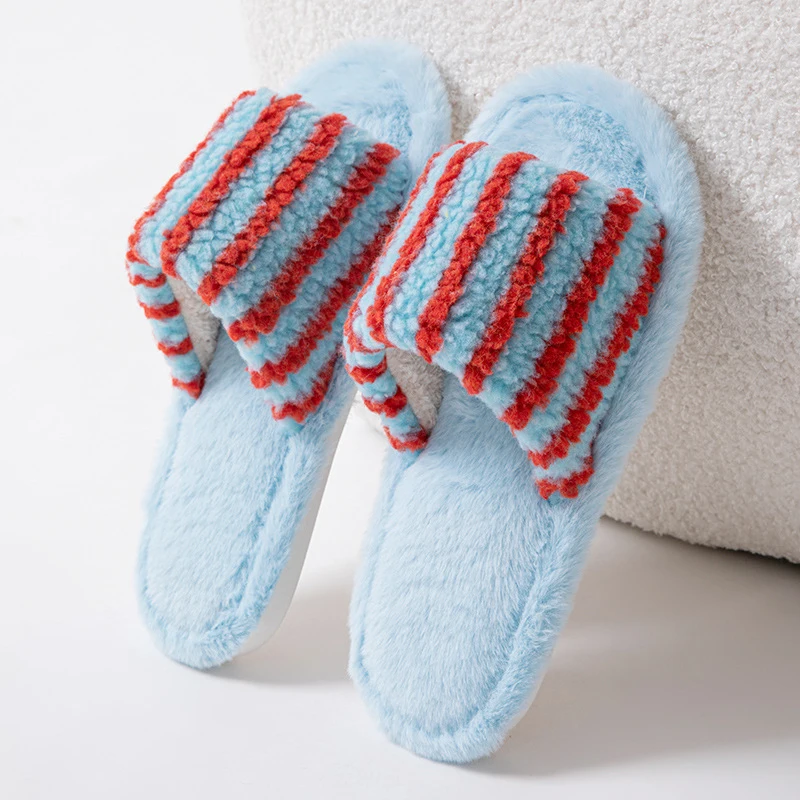 Fluffy Women's Slippers Home Striped Colourful Designer Woman Shoes Flats Autumn Winter Indoor Fuzzy Fur Slides Non-Slip Unisex