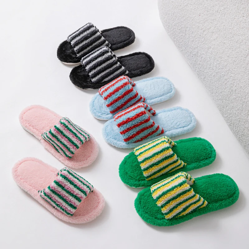 Fluffy Women's Slippers Home Striped Colourful Designer Woman Shoes Flats Autumn Winter Indoor Fuzzy Fur Slides Non-Slip Unisex