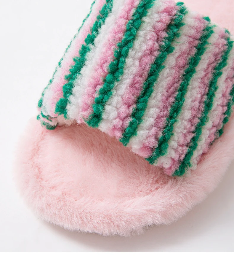 Fluffy Women's Slippers Home Striped Colourful Designer Woman Shoes Flats Autumn Winter Indoor Fuzzy Fur Slides Non-Slip Unisex