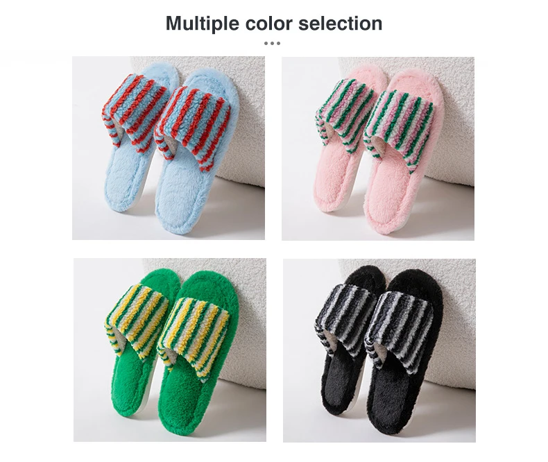Fluffy Women's Slippers Home Striped Colourful Designer Woman Shoes Flats Autumn Winter Indoor Fuzzy Fur Slides Non-Slip Unisex