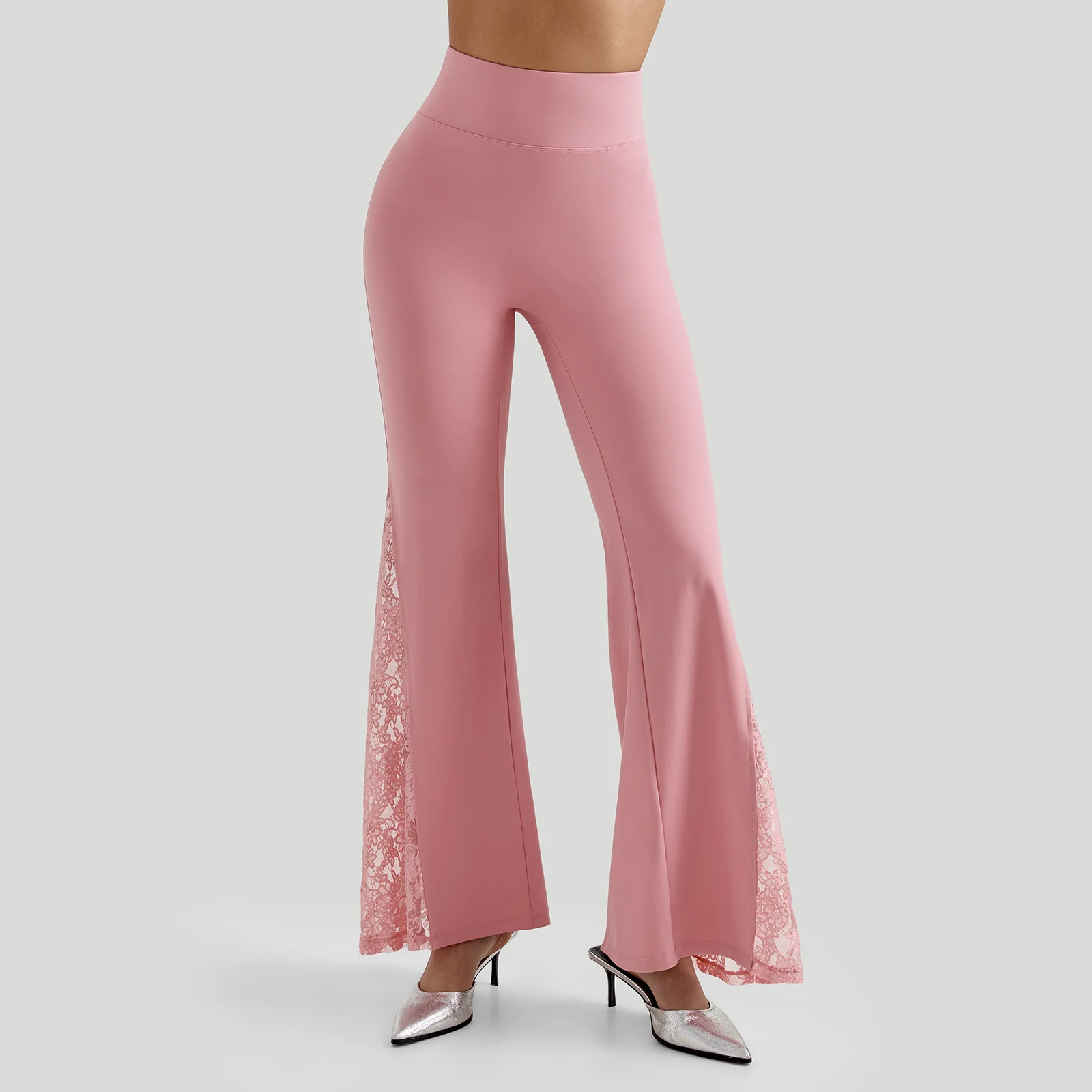 Women High Waist Long Pants Femme Seamed Hip Lifting Sexy Lace Patchwork Streetwear Casual Vintage Wid Leg Trousers Flare Pants