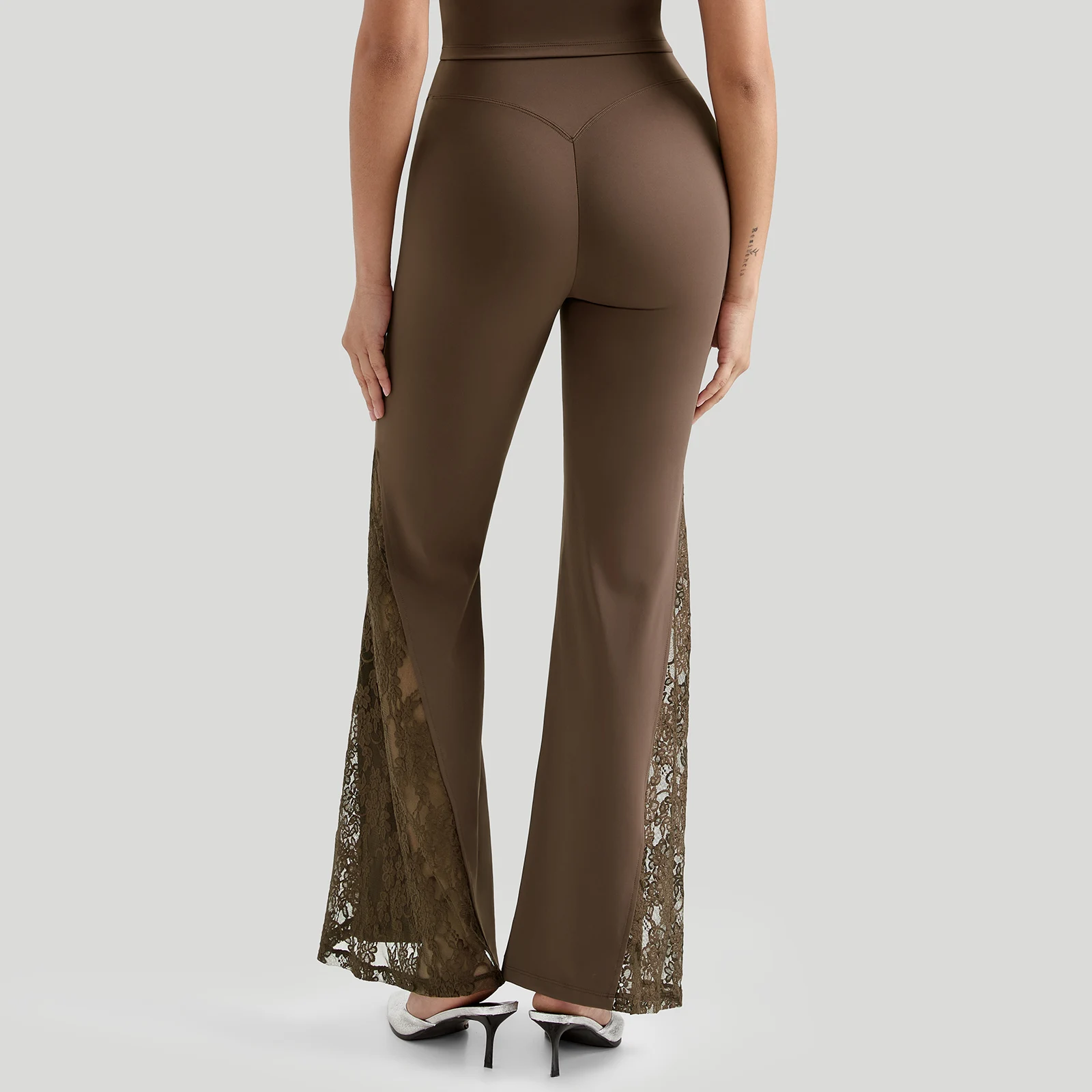 Women High Waist Long Pants Femme Seamed Hip Lifting Sexy Lace Patchwork Streetwear Casual Vintage Wid Leg Trousers Flare Pants