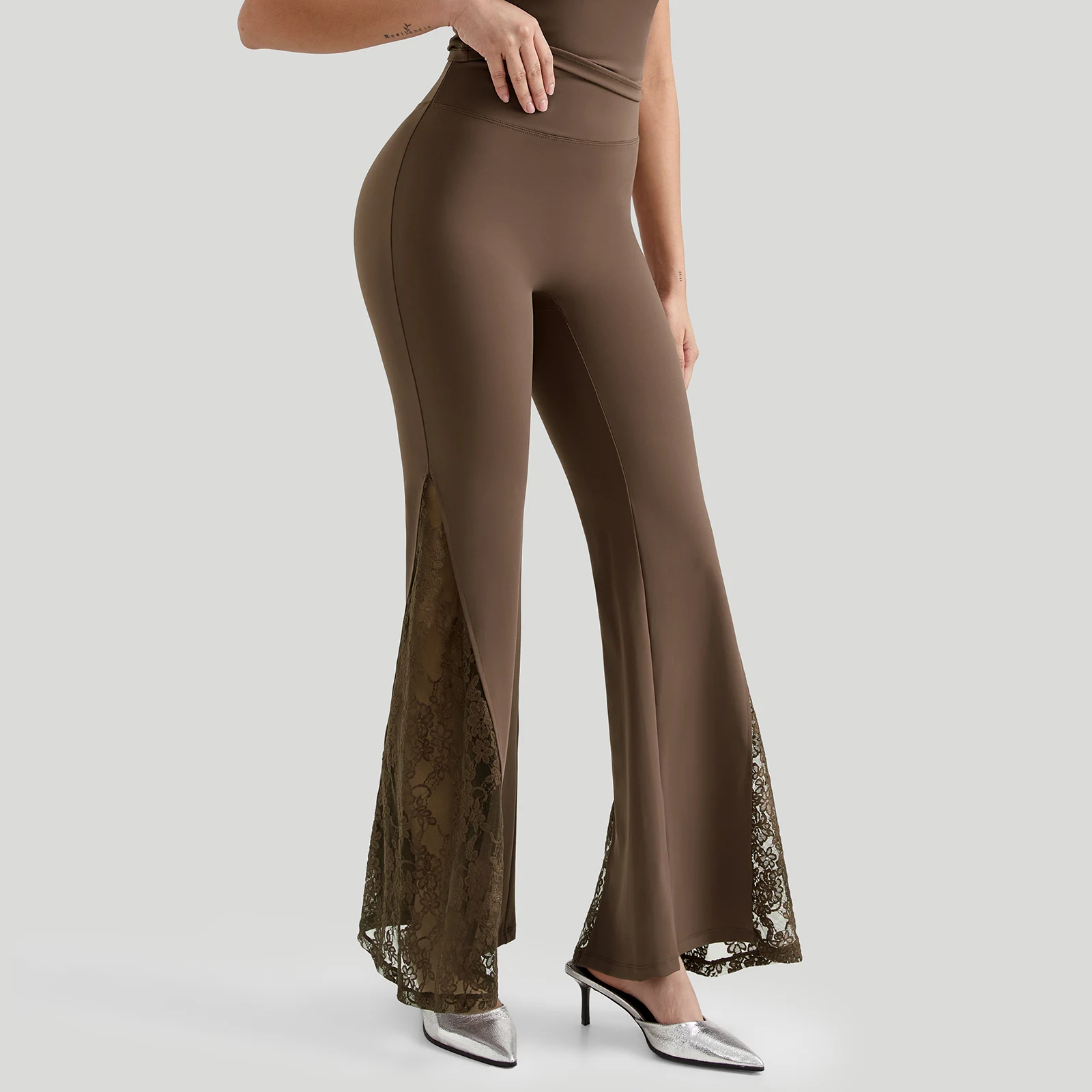 Women High Waist Long Pants Femme Seamed Hip Lifting Sexy Lace Patchwork Streetwear Casual Vintage Wid Leg Trousers Flare Pants