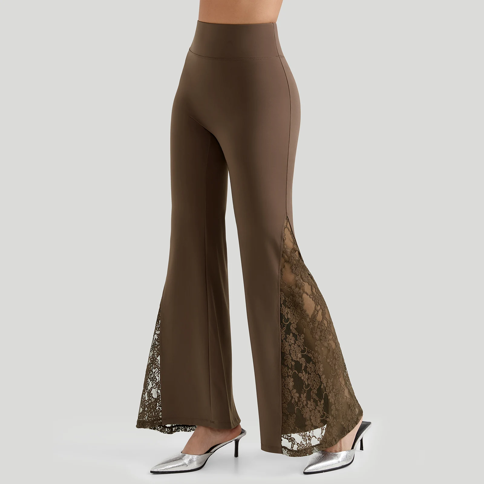 Women High Waist Long Pants Femme Seamed Hip Lifting Sexy Lace Patchwork Streetwear Casual Vintage Wid Leg Trousers Flare Pants