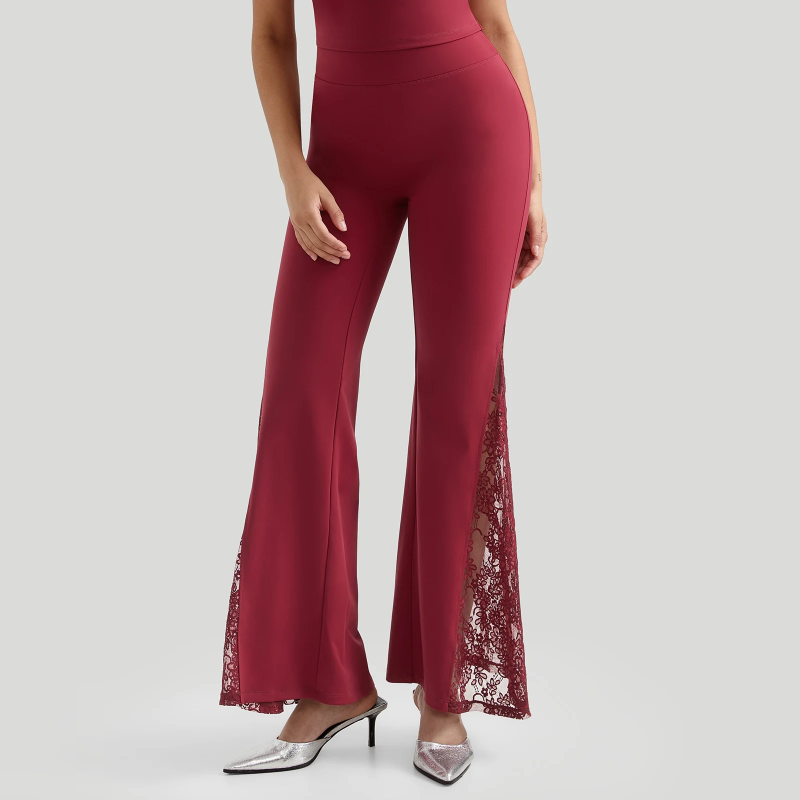 Women High Waist Long Pants Femme Seamed Hip Lifting Sexy Lace Patchwork Streetwear Casual Vintage Wid Leg Trousers Flare Pants