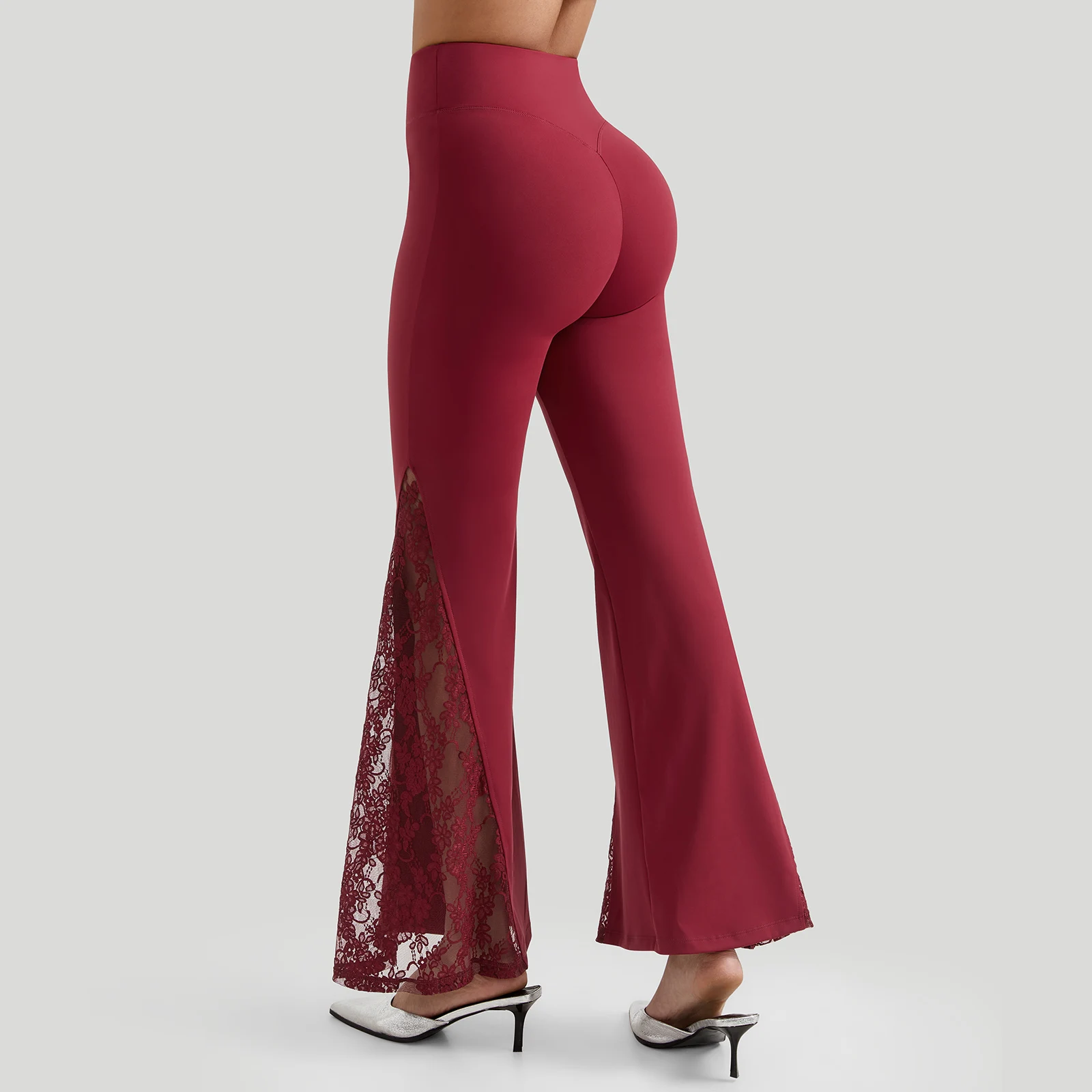 Women High Waist Long Pants Femme Seamed Hip Lifting Sexy Lace Patchwork Streetwear Casual Vintage Wid Leg Trousers Flare Pants