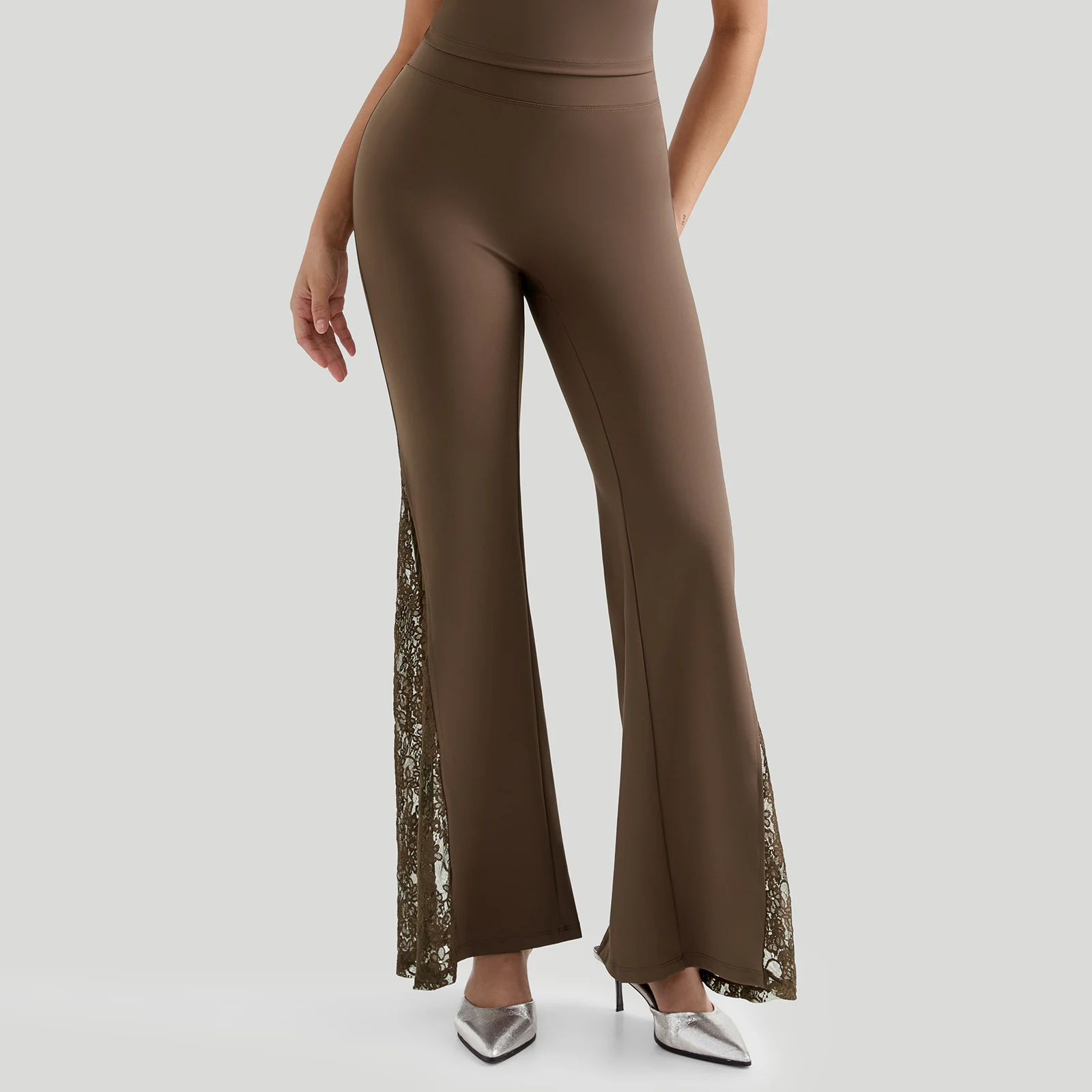 Women High Waist Long Pants Femme Seamed Hip Lifting Sexy Lace Patchwork Streetwear Casual Vintage Wid Leg Trousers Flare Pants