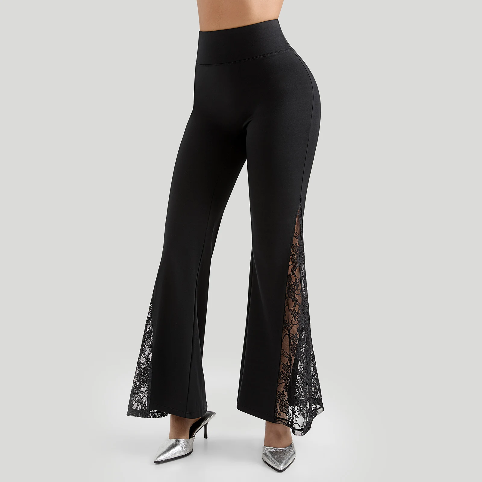 Women High Waist Long Pants Femme Seamed Hip Lifting Sexy Lace Patchwork Streetwear Casual Vintage Wid Leg Trousers Flare Pants