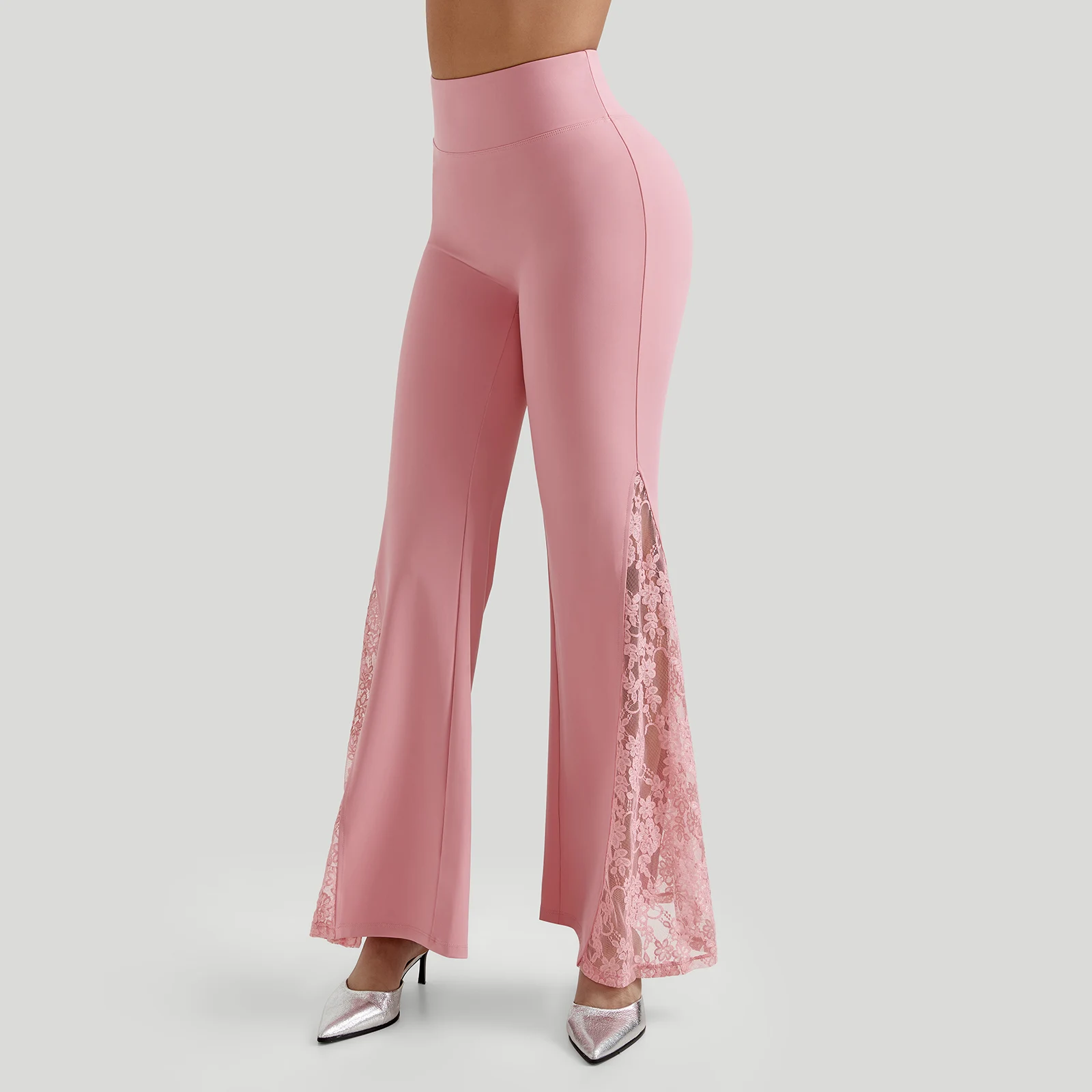 Women High Waist Long Pants Femme Seamed Hip Lifting Sexy Lace Patchwork Streetwear Casual Vintage Wid Leg Trousers Flare Pants