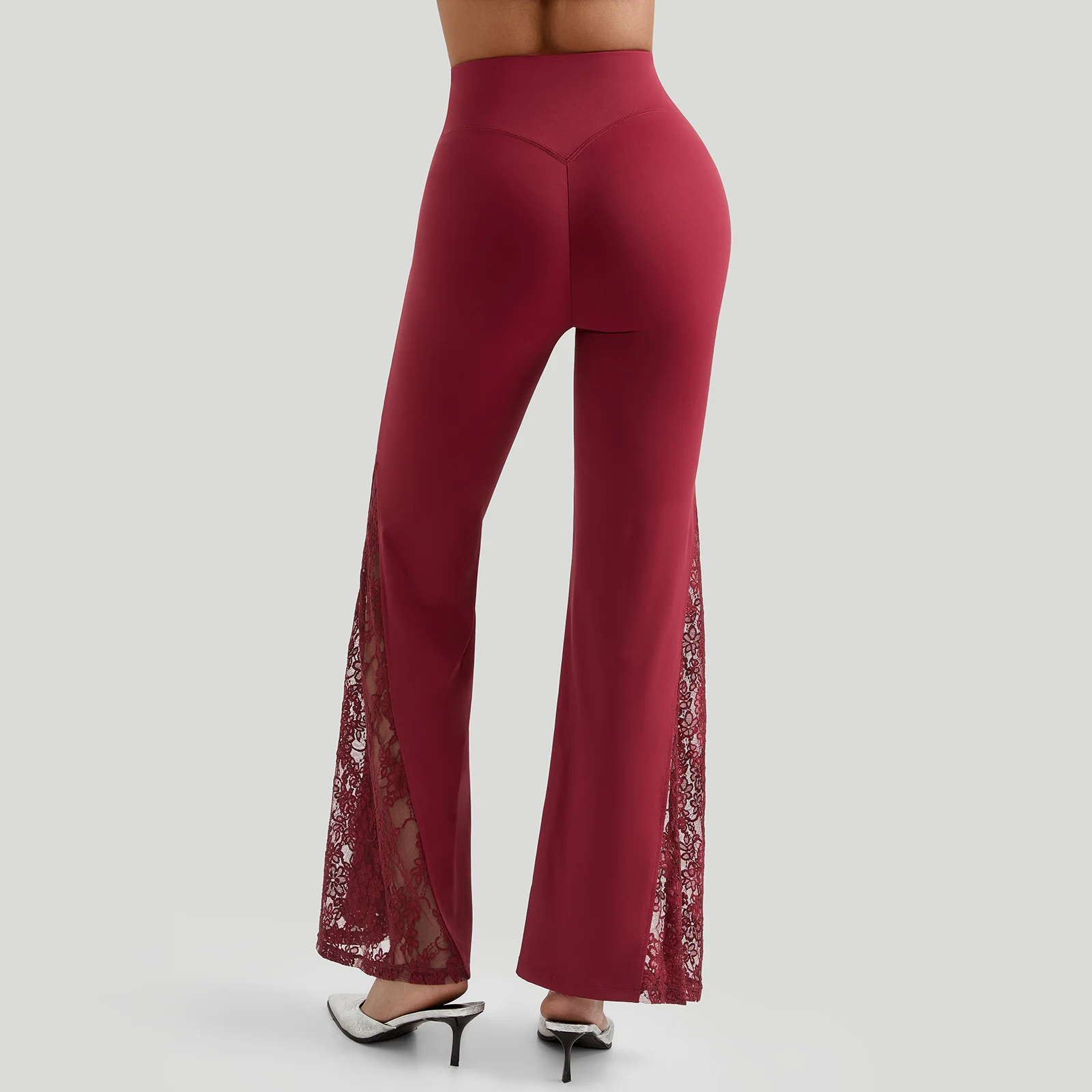 Women High Waist Long Pants Femme Seamed Hip Lifting Sexy Lace Patchwork Streetwear Casual Vintage Wid Leg Trousers Flare Pants