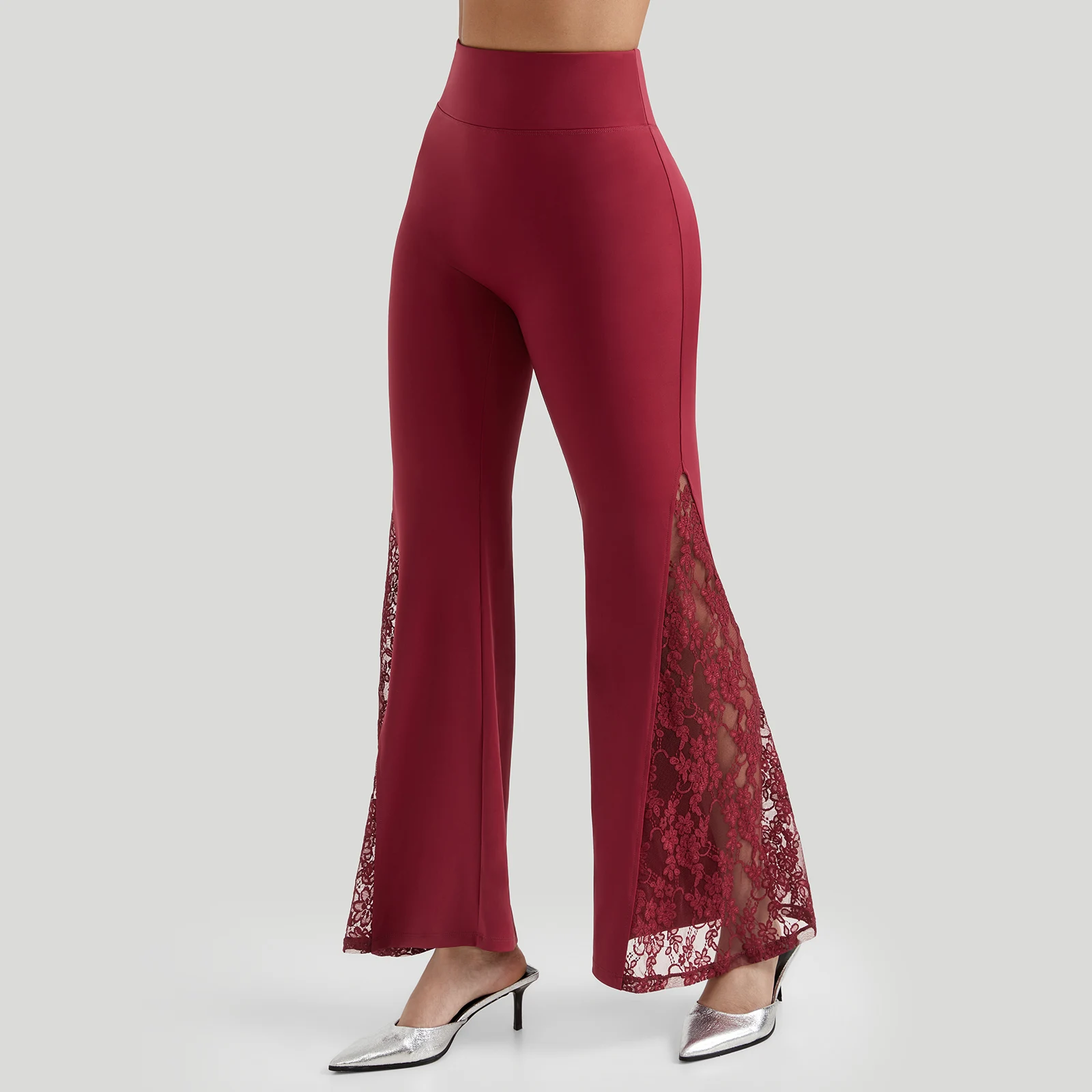 Women High Waist Long Pants Femme Seamed Hip Lifting Sexy Lace Patchwork Streetwear Casual Vintage Wid Leg Trousers Flare Pants