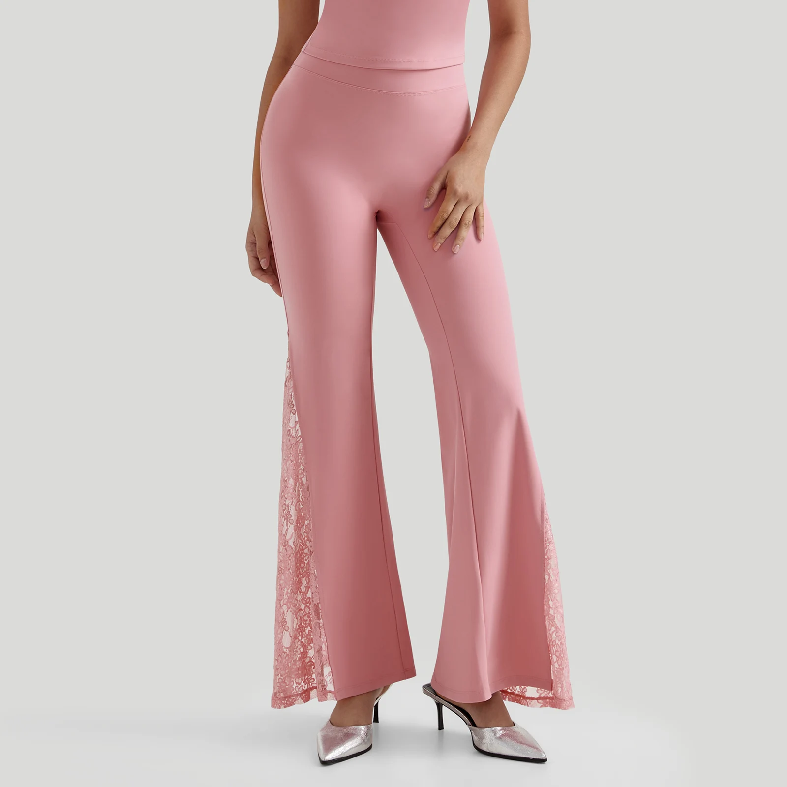 Women High Waist Long Pants Femme Seamed Hip Lifting Sexy Lace Patchwork Streetwear Casual Vintage Wid Leg Trousers Flare Pants