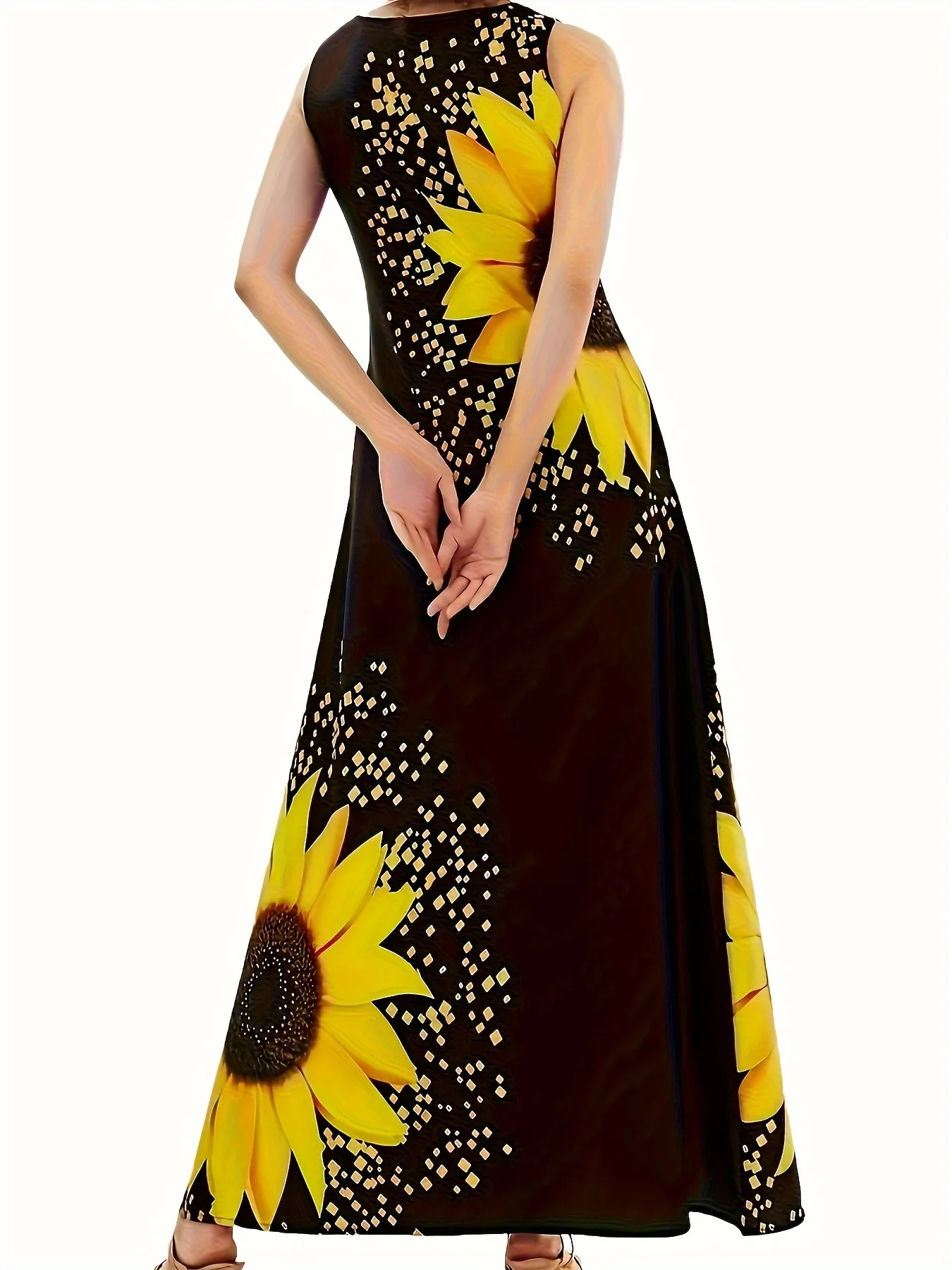 Large size European and American style sunflower print sleeveless long skirt, black round tie pocket, loose casual dress