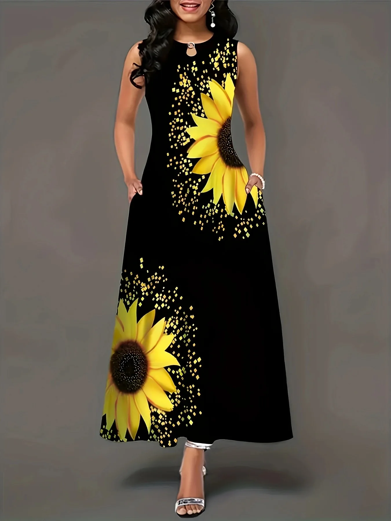 Large size European and American style sunflower print sleeveless long skirt, black round tie pocket, loose casual dress