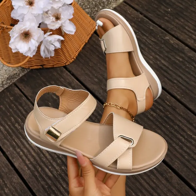 2026 Women Summer Flat Sandals Fashion Metal Buckle Strap Sandals Round Toe Open Toe Casual Comfortable Beach Roman Shoes Women