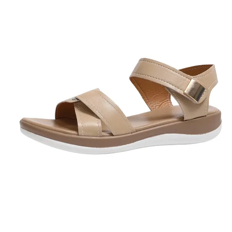 2026 Women Summer Flat Sandals Fashion Metal Buckle Strap Sandals Round Toe Open Toe Casual Comfortable Beach Roman Shoes Women