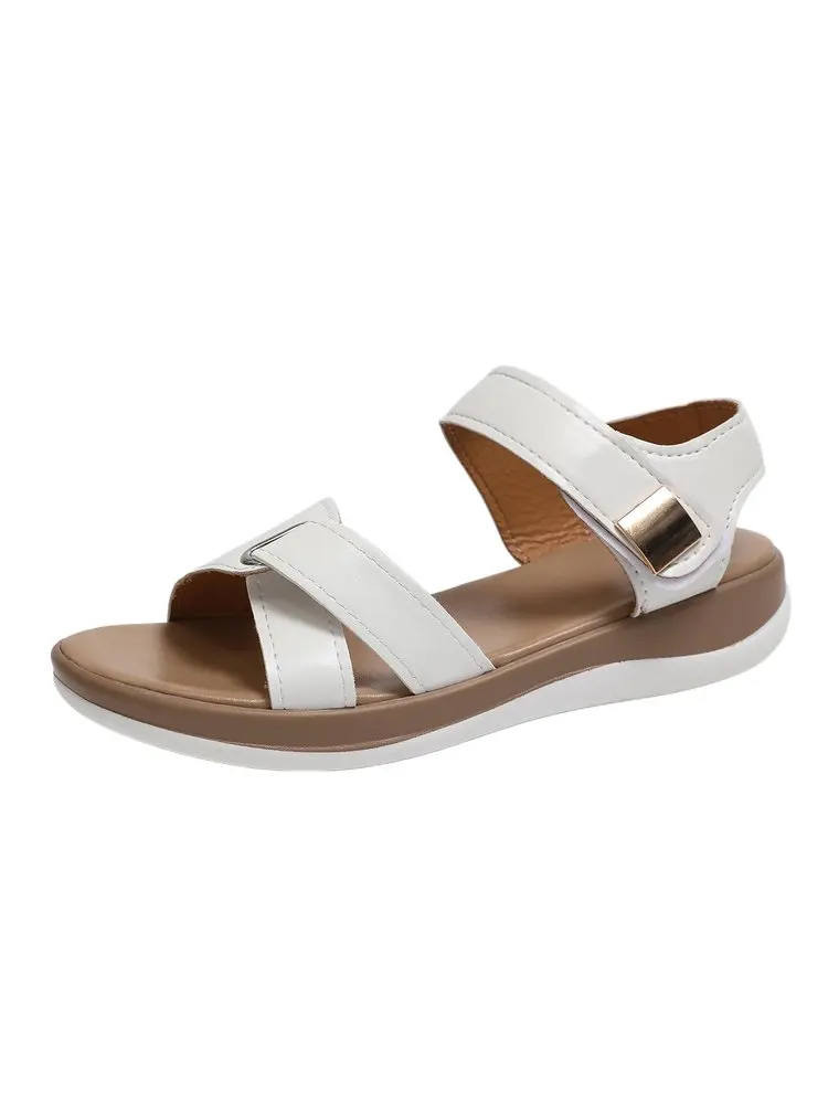 2026 Women Summer Flat Sandals Fashion Metal Buckle Strap Sandals Round Toe Open Toe Casual Comfortable Beach Roman Shoes Women