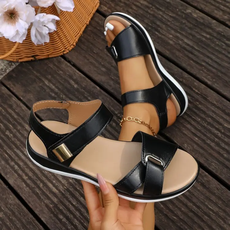 2026 Women Summer Flat Sandals Fashion Metal Buckle Strap Sandals Round Toe Open Toe Casual Comfortable Beach Roman Shoes Women