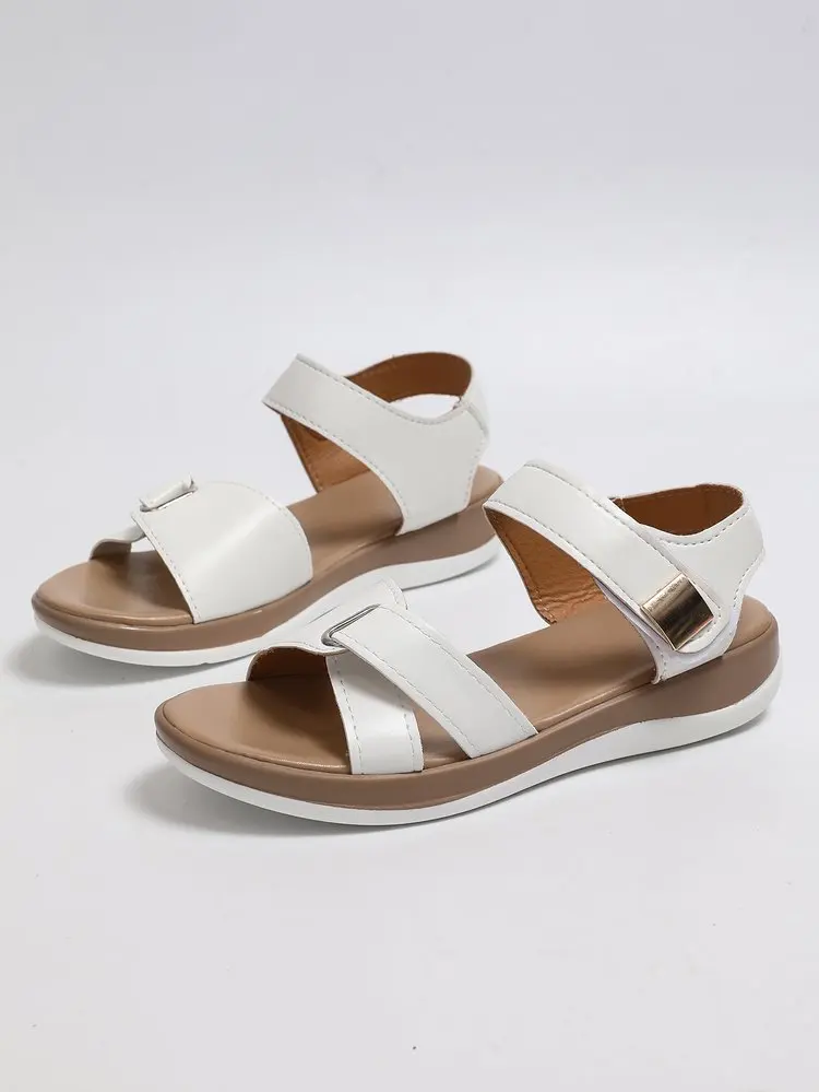 2026 Women Summer Flat Sandals Fashion Metal Buckle Strap Sandals Round Toe Open Toe Casual Comfortable Beach Roman Shoes Women