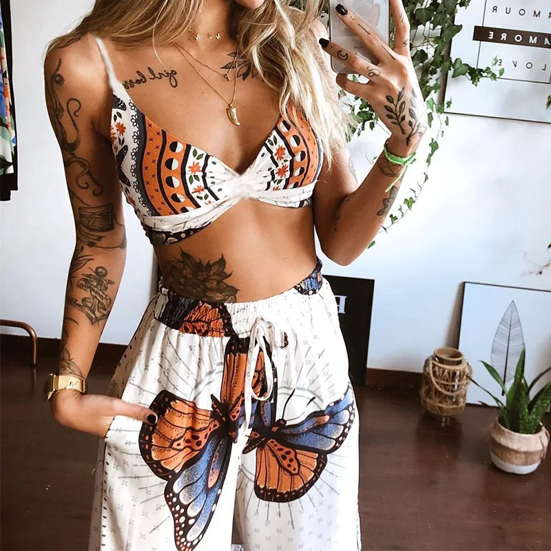 European and American vacation style butterfly print two-piece sleeveless suspender+high waist wide leg pants Bohemian set