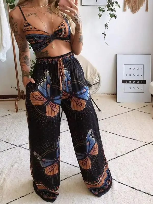 European and American vacation style butterfly print two-piece sleeveless suspender+high waist wide leg pants Bohemian set