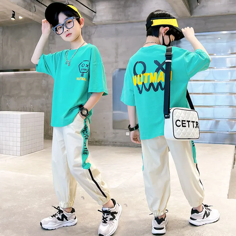 Summer Teens Boys Clothing Set Cotton Letter Short Sleeve T-shirt Pants 2Pc For 4-12Years Kids Clothes Suit Child Casual Outfits