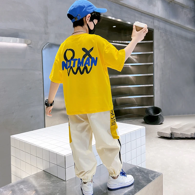 Summer Teens Boys Clothing Set Cotton Letter Short Sleeve T-shirt Pants 2Pc For 4-12Years Kids Clothes Suit Child Casual Outfits
