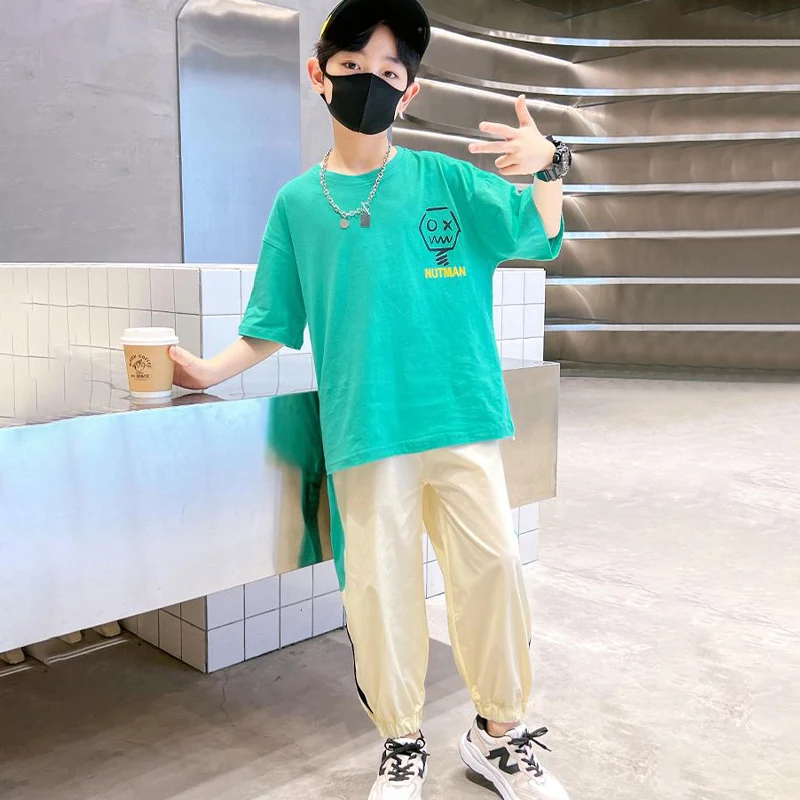 Summer Teens Boys Clothing Set Cotton Letter Short Sleeve T-shirt Pants 2Pc For 4-12Years Kids Clothes Suit Child Casual Outfits
