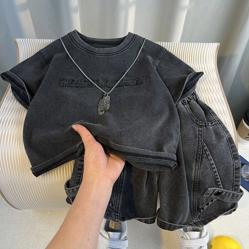 Toddler Boys 2Pcs Summer Outfits Letter Short Sleeve T-Shirt Washed Denim Shorts Set Kids Boys Casual Streetwear Clothes 2-6Year
