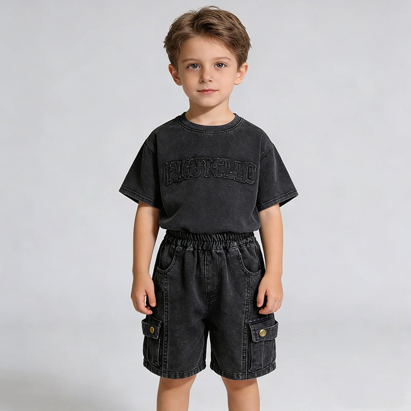 Toddler Boys 2Pcs Summer Outfits Letter Short Sleeve T-Shirt Washed Denim Shorts Set Kids Boys Casual Streetwear Clothes 2-6Year