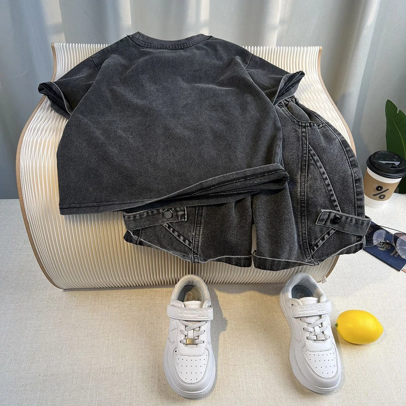 Toddler Boys 2Pcs Summer Outfits Letter Short Sleeve T-Shirt Washed Denim Shorts Set Kids Boys Casual Streetwear Clothes 2-6Year