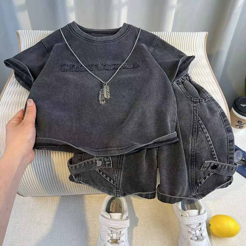 Toddler Boys 2Pcs Summer Outfits Letter Short Sleeve T-Shirt Washed Denim Shorts Set Kids Boys Casual Streetwear Clothes 2-6Year