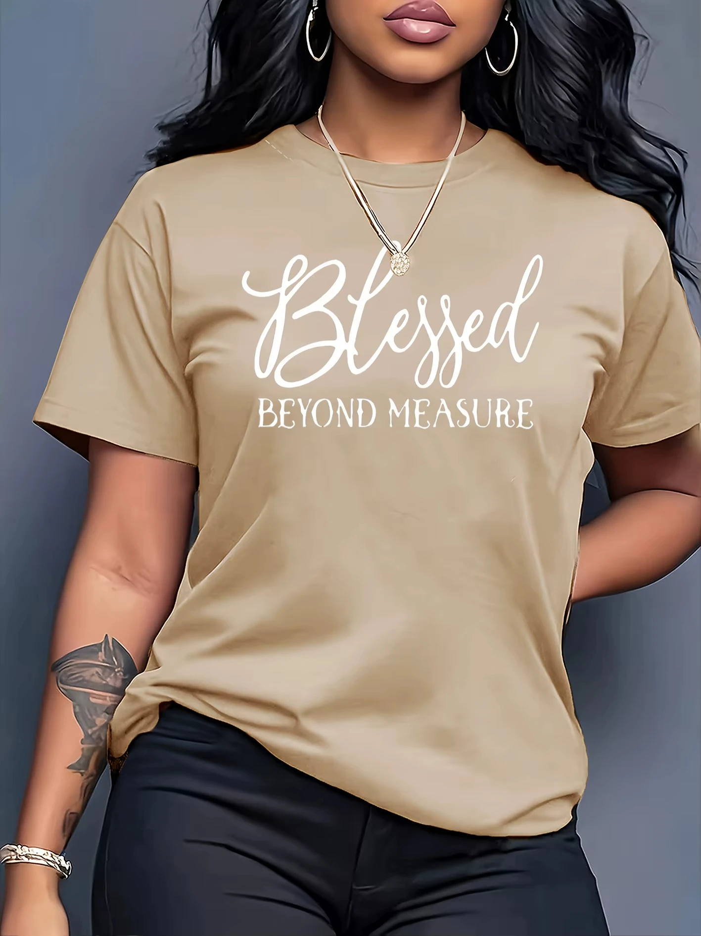 Plus Size Women's Blessed Beyond Measure Design Pattern Print T-shirt Summer Minimalist Casual Texture High Quality Loose Tops