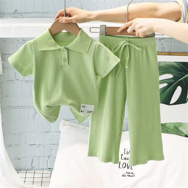 Girls Polo T-Shirt Sets Summer Kids Short Sleeve Suits Baby Lapel Tops+Pants 2Pcs Children Clothing Fashion Casual Outfits 2-8Y