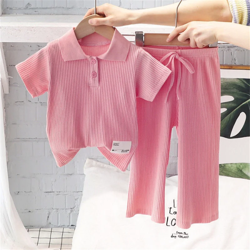 Girls Polo T-Shirt Sets Summer Kids Short Sleeve Suits Baby Lapel Tops+Pants 2Pcs Children Clothing Fashion Casual Outfits 2-8Y