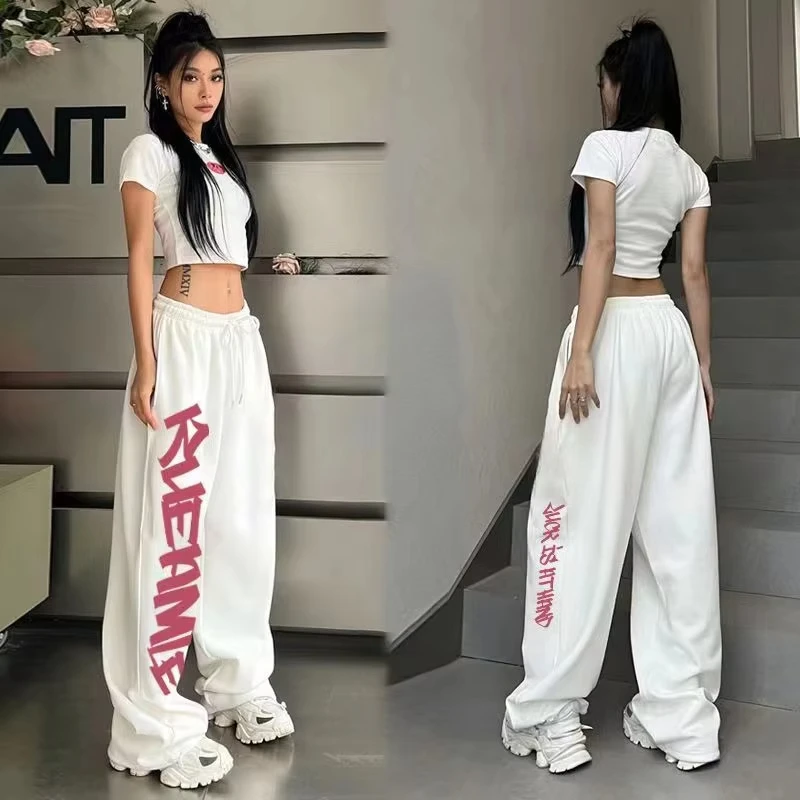 High Waist Hip-hop Sports Pants for Women Street Dance Y2K Letter Print Vintage Trousers Summer New Kids Fashion