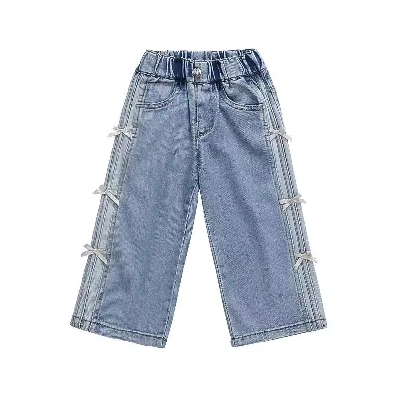 Girls Bow Print Denim Pants New BlingBling Diamond Jeans Children Clothes Kids Straight Wide-legged Pants Loose Trousers 2-8 Yea