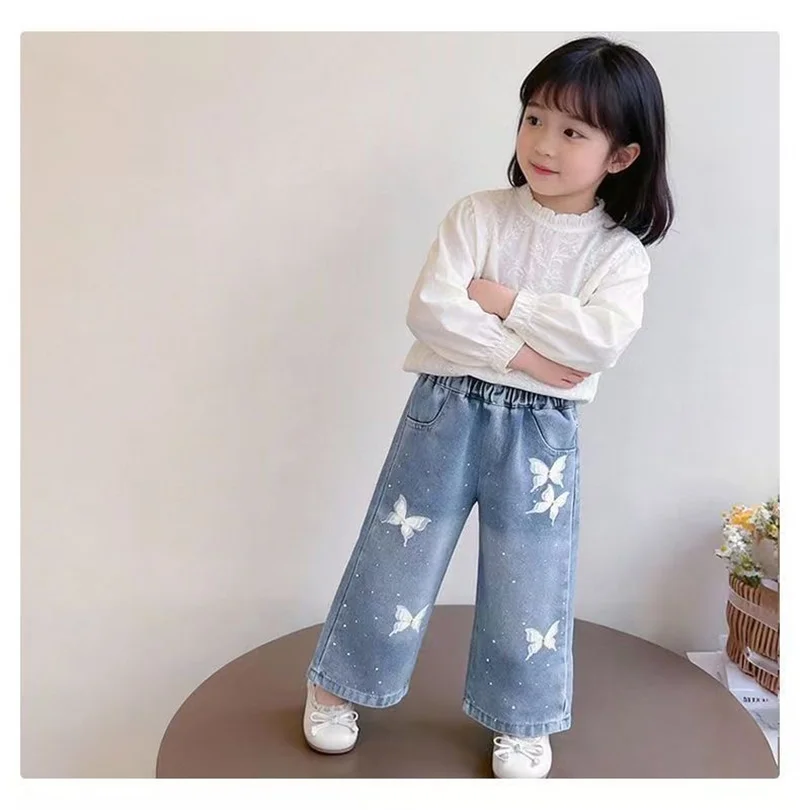 Girls Bow Print Denim Pants New BlingBling Diamond Jeans Children Clothes Kids Straight Wide-legged Pants Loose Trousers 2-8 Yea